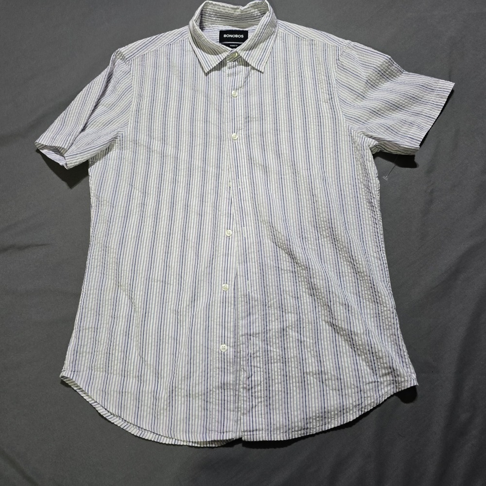 Bonobos Seersucker Shirt Mens M Blue Purple Striped Tailored Fit Short Sleeve